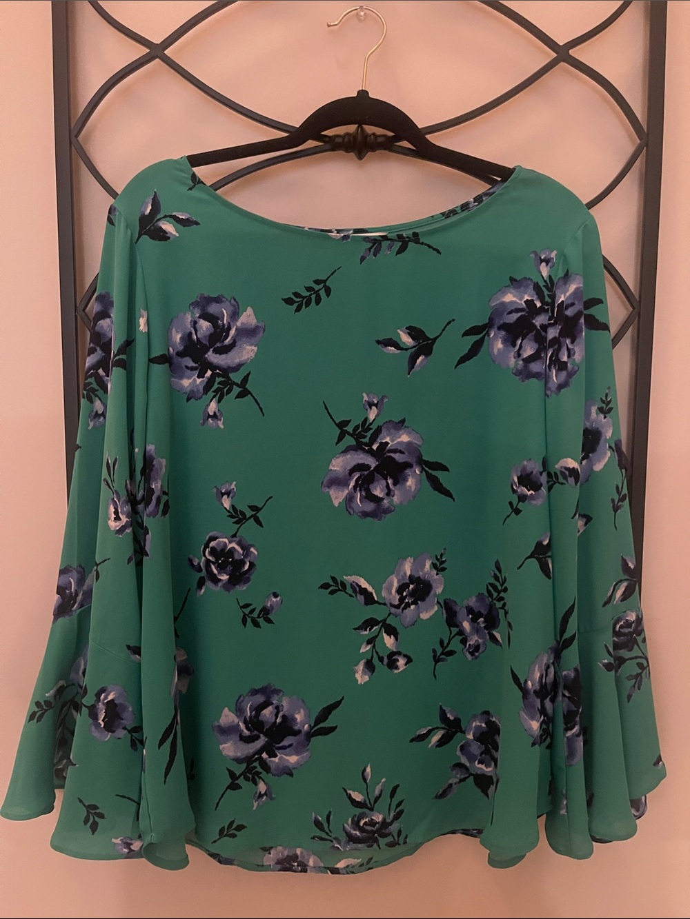 Counterparts Teal Floral Boatneck Blouse with Blue Rose Print